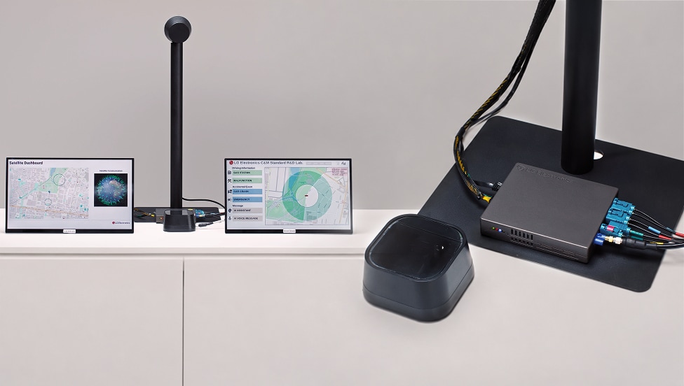 NTN telematics equipment image shows LG VS extending connected services beyond conventional cellular coverage.