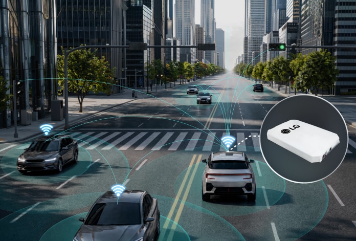 Connected vehicle scene presents LG VS 5G Smart Telematics Solution entering mass production for a European automaker.