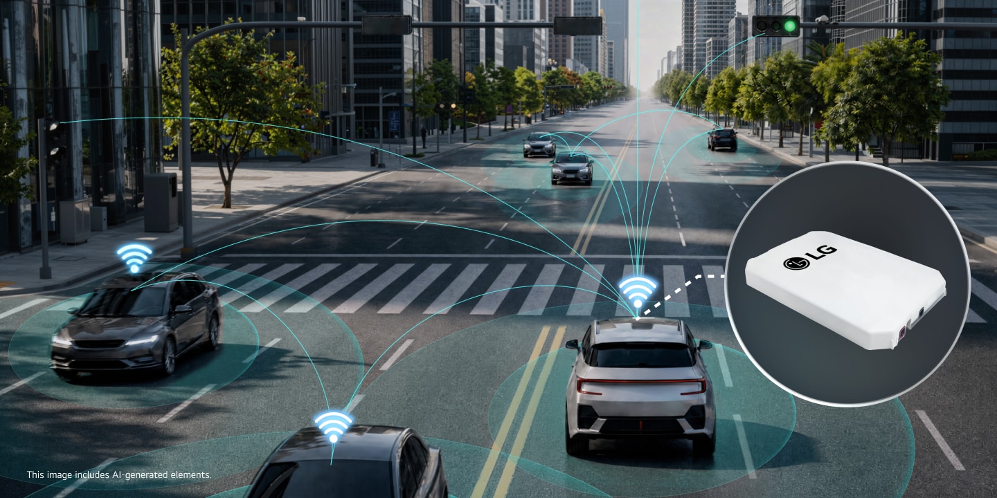 Connected vehicle scene presents LG VS 5G Smart Telematics Solution entering mass production for a European automaker.