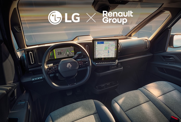 Interior of Renault Group's first commercial SDV featuring LG VS integrated cockpit solution with cluster and infotainment.
