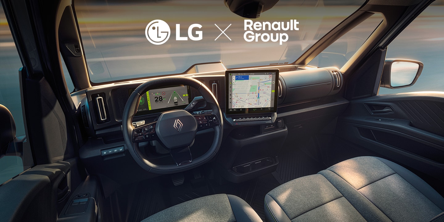 Interior of Renault Group's first commercial SDV featuring LG VS integrated cockpit solution with cluster and infotainment.