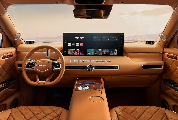 Genesis GV90 interior featuring LG VS integrated vehicle solutions for display, infotainment, entertainment and connectivity.