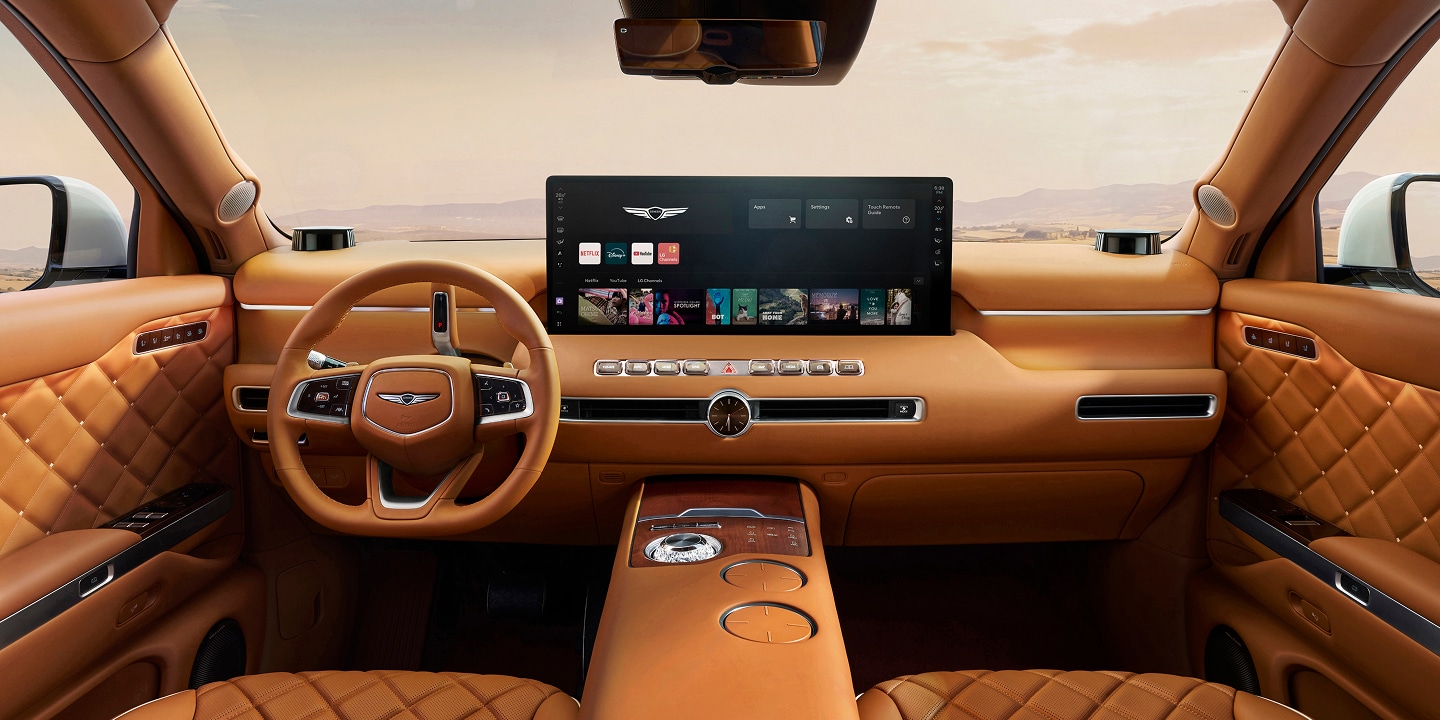 Genesis GV90 interior featuring LG VS integrated vehicle solutions for display, infotainment, entertainment and connectivity.