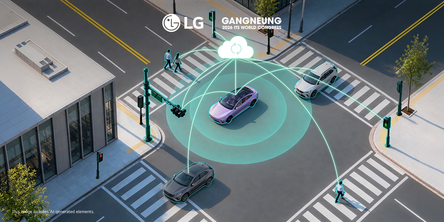 Intersection scene presents LG integrated V2X-V2N safety platform for cooperative safety at 2026 ITS World Congress.