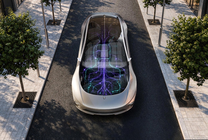 Genesis GV90 interior featuring LG VS integrated vehicle solutions for display, infotainment, entertainment and connectivity.