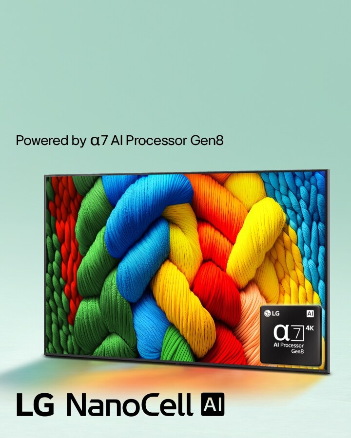LG NanoCell TV ditempatkan sedikit miring menghadap ke kiri dan menampilkan benang-benang berwarna-warni. Logo alpha 7 4K AI Processor tertanam di sudut kanan bawah TV. Latar belakangnya adalah gradasi warna teal muda.