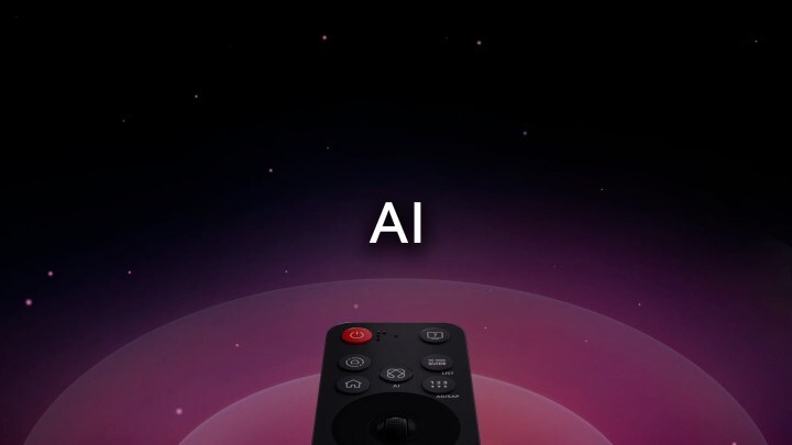 Remote AI LG Magic dengan latar belakang abstrak. Tombol AI ditonjolkan. Tampilan antarmuka grafis menampilkan ikon-ikon yang menunjukkan cara tombol AI memungkinkan pengguna mengakses berbagai fungsi AI. Layanan yang tersedia meliputi AI Voice ID, AI Search, AI Chatbot, AI Concierge, AI Picture Wizard, dan AI Sound Wizard. Fungsi mirip mouse kemudian ditampilkan saat kursor muncul di atas antarmuka, menunjukkan bagaimana remote ini menawarkan kontrol yang disederhanakan.