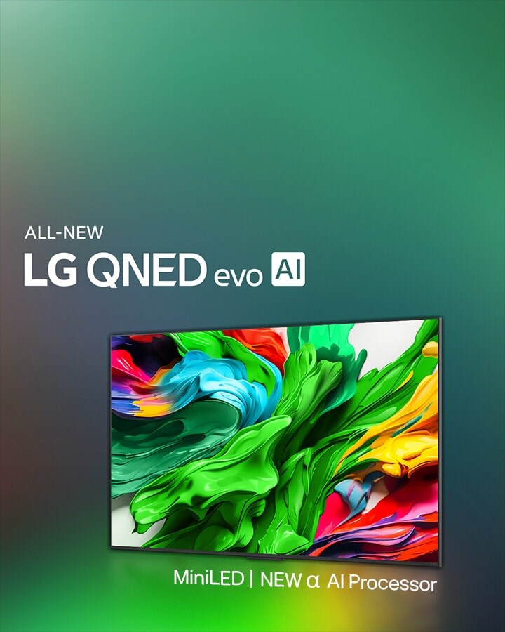 LG QNED TV ditempatkan sedikit miring menghadap ke kiri dan menampilkan tekstur berwarna-warni yang menyerupai cat, menggabungkan warna merah, kuning, hijau, biru, dan ungu. Di belakang TV terdapat prosesor AI 4K alpha 8 yang memancarkan cahaya oranye dan pink. Logo LG QNED evo AI terletak di pojok kiri bawah. Latar belakangnya adalah gradasi hijau berwarna-warni. Teks juga terlihat, didukung oleh prosesor AI alpha LG.