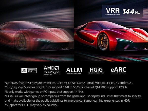 Dua gambar mobil dalam game ditampilkan berdampingan. Salah satunya menunjukkan banyak blur gerakan. Yang lainnya tajam dan fokus, menunjukkan frame rate tinggi dari LG QNED TV. Logo VRR dan logo 144Hz terdapat di pojok kanan atas.