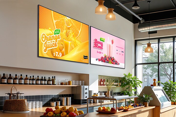 Dua layar yang dipasang di kafe menampilkan menu dengan gambar yang jernih dan menarik.