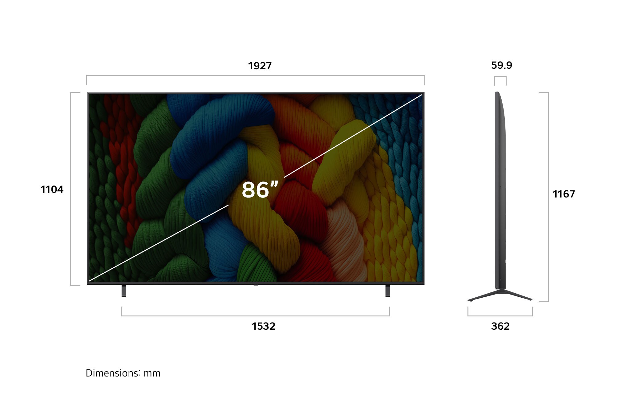 Tampak depan dan samping Smart TV 4K LG NanoCell NANO80 AI yang menunjukkan dimensi panjang, lebar, tinggi, dan kedalamannya.