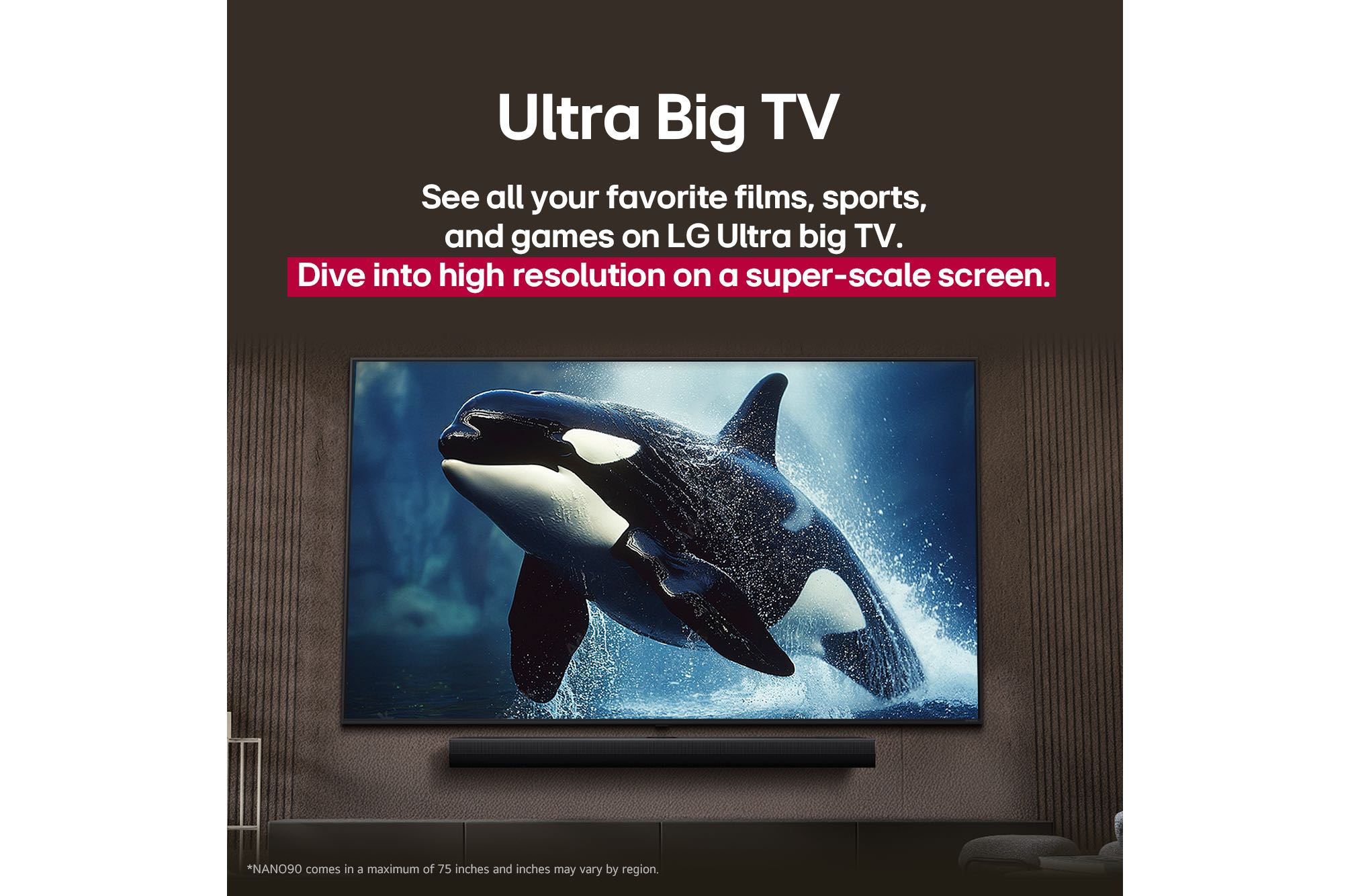 LG TV dengan layar yang sangat besar dipasang di dinding di atas LG Soundbar di ruang tamu bergaya modern.