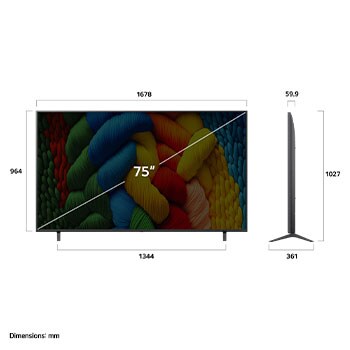 Tampak depan dan samping Smart TV 4K LG NanoCell NANO80 AI yang menunjukkan dimensi panjang, lebar, tinggi, dan kedalamannya.