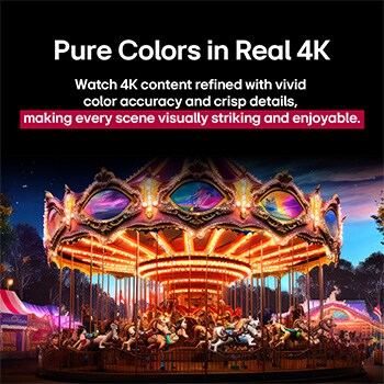 Gambar terbelah di tengah untuk menunjukkan sebelum dan sesudah Warna Murni dalam 4K Nyata. Sisi kiri korsel tajam dan berwarna-warni sedangkan sisi kanan memudar. Judulnya membahas tentang bagaimana setiap adegan dibuat lebih menarik secara visual dan menyenangkan. 