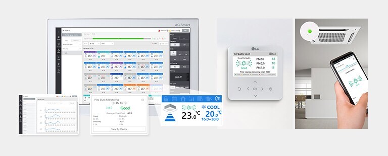 Unit pintar AC menampilkan informasi kualitas udara yang detail. Unit kompak menampilkan data yang ringkas. Seseorang mengendalikan unit langit-langit melalui LG ThinQ.