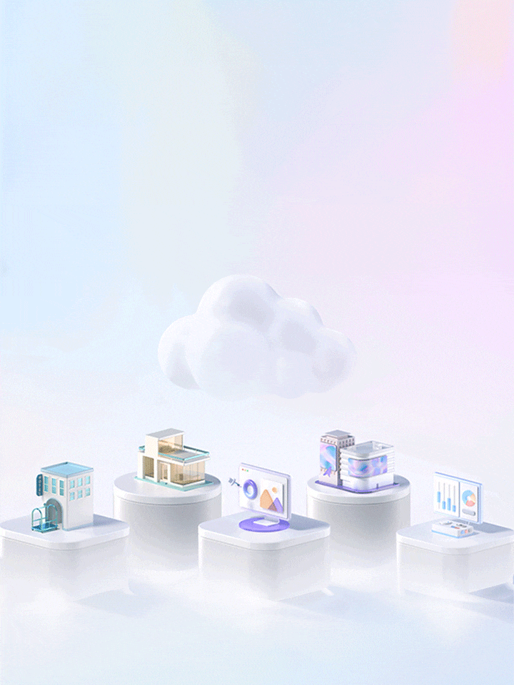 Ilustrasi 3D konsep LG Business Cloud yang menampilkan gedung, display, dan dasbor data yang saling terhubung di bawah awan besar yang melayang