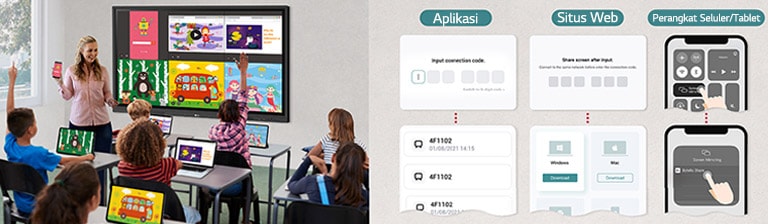 LG CreateBoard dapat dengan mudah berbagi layar dengan beberapa perangkat secara seketika melalui aplikasi dan situs web.