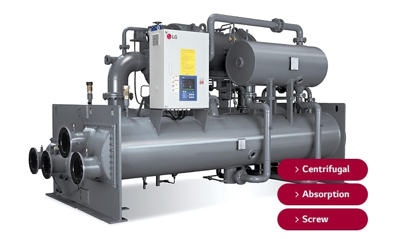 LG Centrifugal Chiller unit, grey-toned assembly of circular and rectangular forms, adorned with red tags marking centrifugal, absorption, and screw.