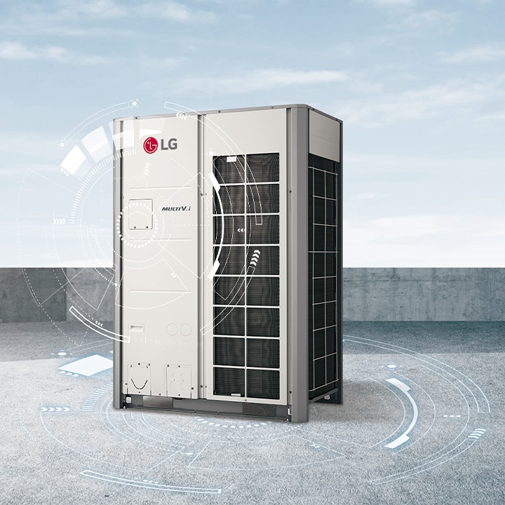 Unit LG MULTI V i, dengan cip AI dan pola sirkular futuristiknya, ditempatkan secara optimal di area atap.