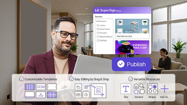 Gambar tersebut menggambarkan contoh administrator yang memublikasikan konten dari jarak jauh melalui LG SuperSign Cloud.