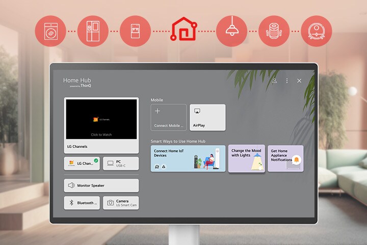 Layar LG Smart Monitor Swing menampilkan antarmuka ThinQ Home Dashboard.