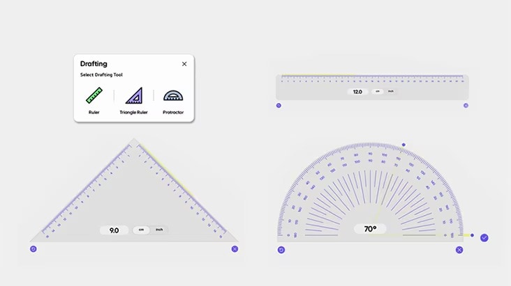 Demonstration of LG CreateBoard Lab’s digital ruler and protractor in use.