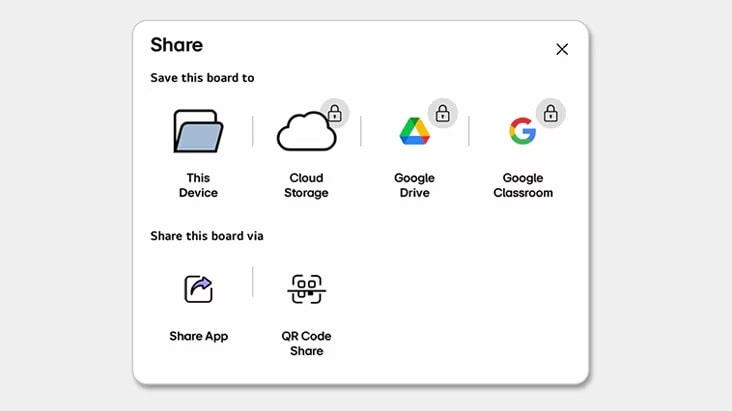 A view of the Share menu window used to save and share created content.
