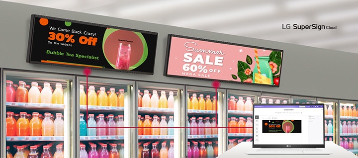 This image shows a solution page displayed on a laptop, demonstrating content creation and its application to retail displays.