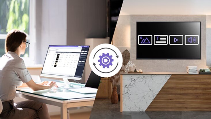 This image illustrates remote display control by an administrator through a cloud-based server.