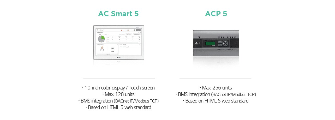 AC Smart 5 · 10-inch color display / Touch screen · Max. 128 units · BMS integration (BACnet IP/Modbus TCP) · Based on HTML 5 web standard  ACP 5 · Max. 256 units · BMS integration (BACnet IP/Modbus TCP) · Based on HTML 5 web standard