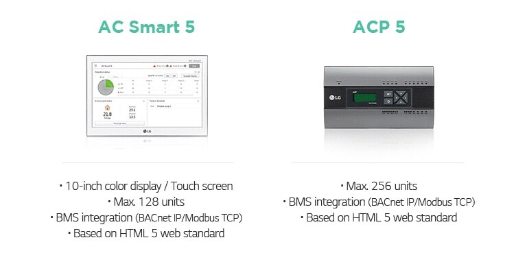 AC Smart 5 · 10-inch color display / Touch screen · Max. 128 units · BMS integration (BACnet IP/Modbus TCP) · Based on HTML 5 web standard ACP 5 · Max. 256 units · BMS integration (BACnet IP/Modbus TCP) · Based on HTML 5 web standard