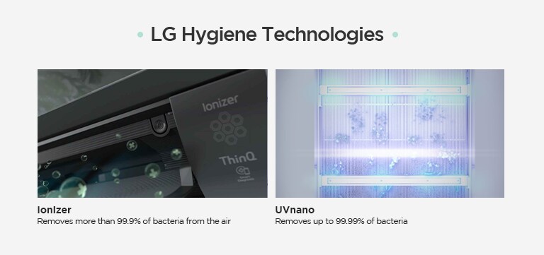 LG Hygiene Technologies  Ionizer Removes more than 99.9% of bacteria from the air UVnano Removes up to 99.99% of bacteria