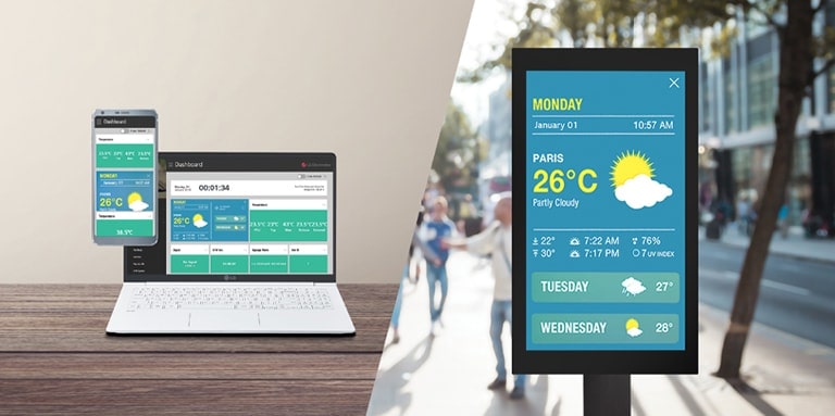 Users can monitor and control their displays through a mobile phone and laptop.