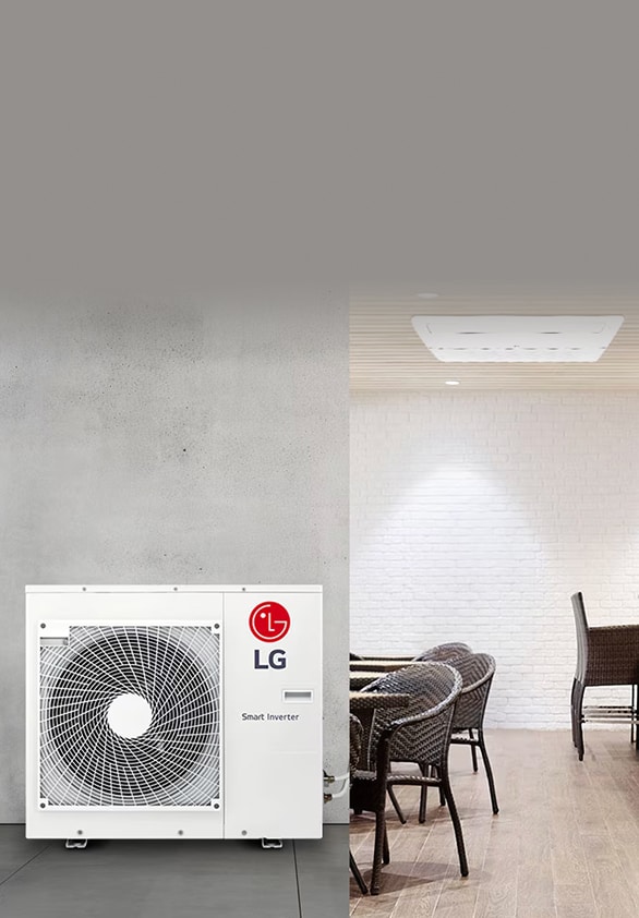 LG outdoor air conditioning unit installed against a wall indoors, with a plant in the foreground.