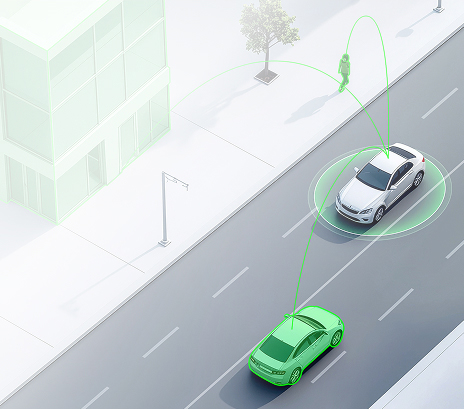 Transparent car visualization showing advanced driver assistance sensors, emphasizing safety and convenience.