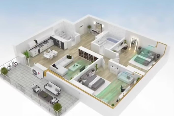 A 3D diagram of a data center cooling system with airflow and equipment paths.