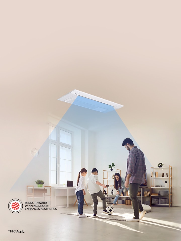 LG ceiling cooling system delivers intuitive airflow in a family living space as parents and children play together under soft natural lighting
