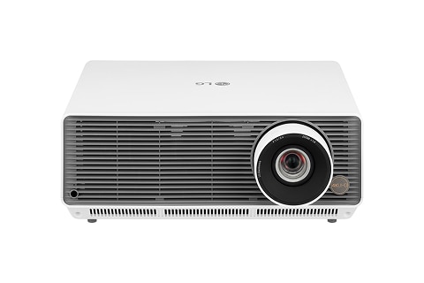 Front-facing white projector with a large circular lens on the right side and horizontal ventilation slats, shown against a plain light background.