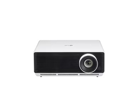 Front view of an LG projector with a white top and black front panel, featuring a prominent lens on the right.