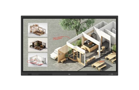 A large LG digital display shows a 3D architectural layout with multiple room views and handwritten notes