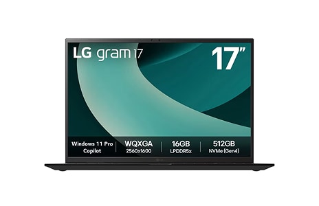 LG gram 17-inch laptop screen displays specs: WQXGA resolution, 16GB RAM, and 512GB storage.