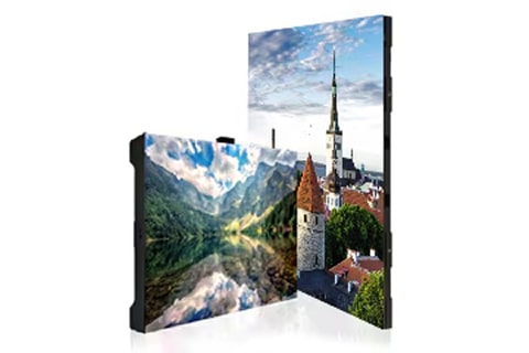 Two high-resolution LED display panels showing vivid landscape and city images with bright color and detail.