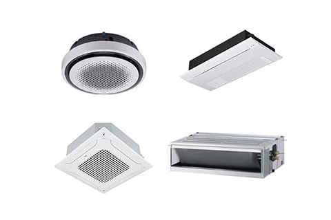 A set of four air conditioning indoor units in different shapes, including ceiling, wall, and circular designs.