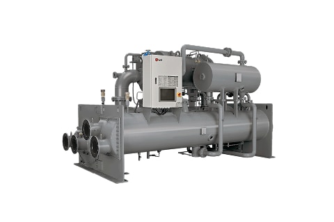 Large industrial chiller with cylindrical tanks, multiple pipes, and a control unit mounted on top, shown against a plain light background.