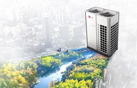 An industrial LG air handling unit with multiple metal panels, small windows, and labeled control modules on a white background.