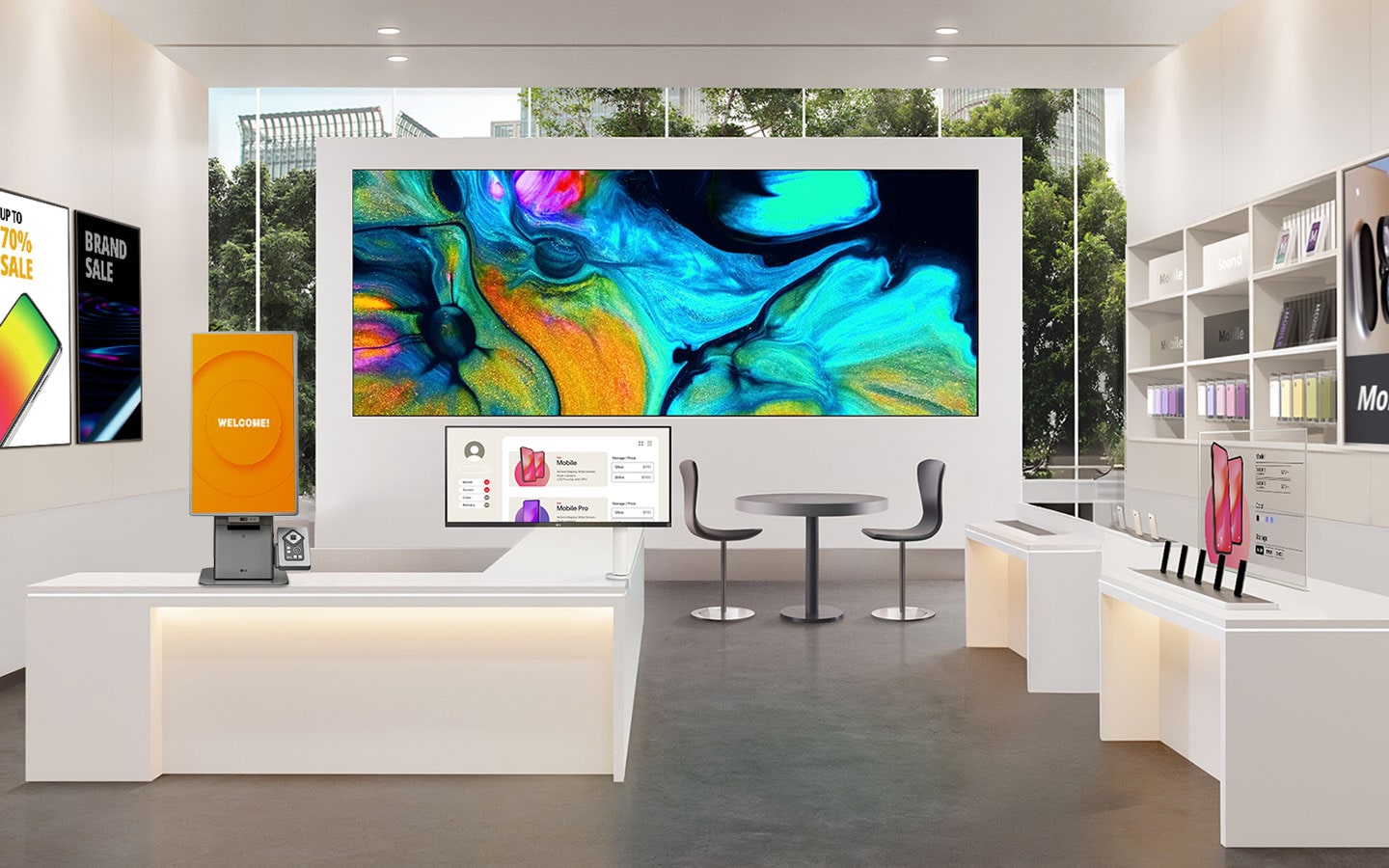 A modern electronics store interior featuring digital displays, smartphones on counters, and a large colorful LED screen on the back wall.