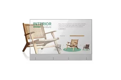 A digital display showing an interior furniture advertisement featuring a wooden chair with woven rattan details on a minimalist white background.