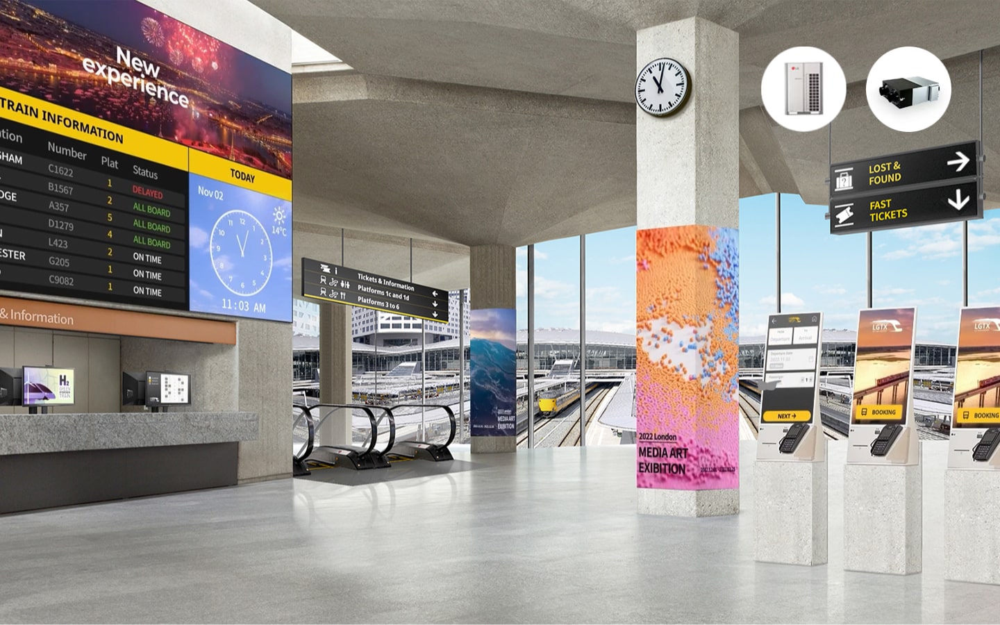A modern train station interior with digital information boards, ticket kiosks, escalators, and large windows overlooking the platforms.