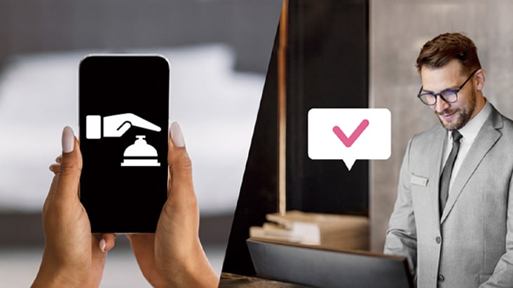 On the left, a scene depicting a customer requesting room service via phone is displayed, while on the right, a hotelier is depicted checking customer requests in real-time using a PC.