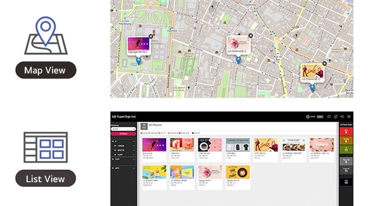 During monitoring, two options are available: map view and list view.
